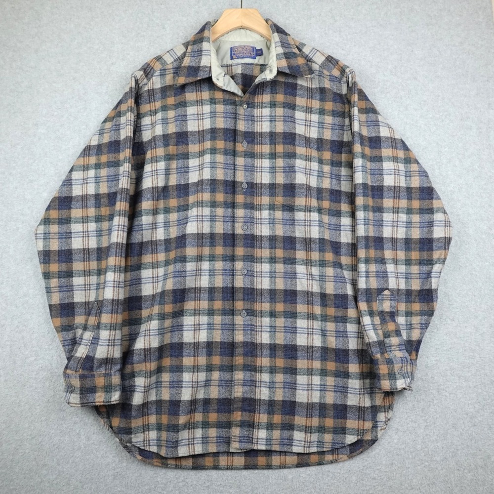 Vintage Pendleton Flannel Shirt Mens Large Long Blue Beige Virgin Wool USA Plaid